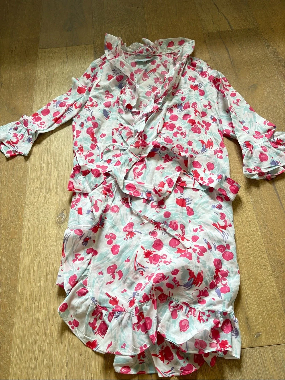 D Porthault Floral Ruffle Wrap Robe in White and Pink S